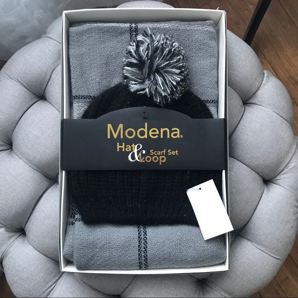 Modena Gray and Black Plaid Scarf and Knit Hat Gift Set NWT